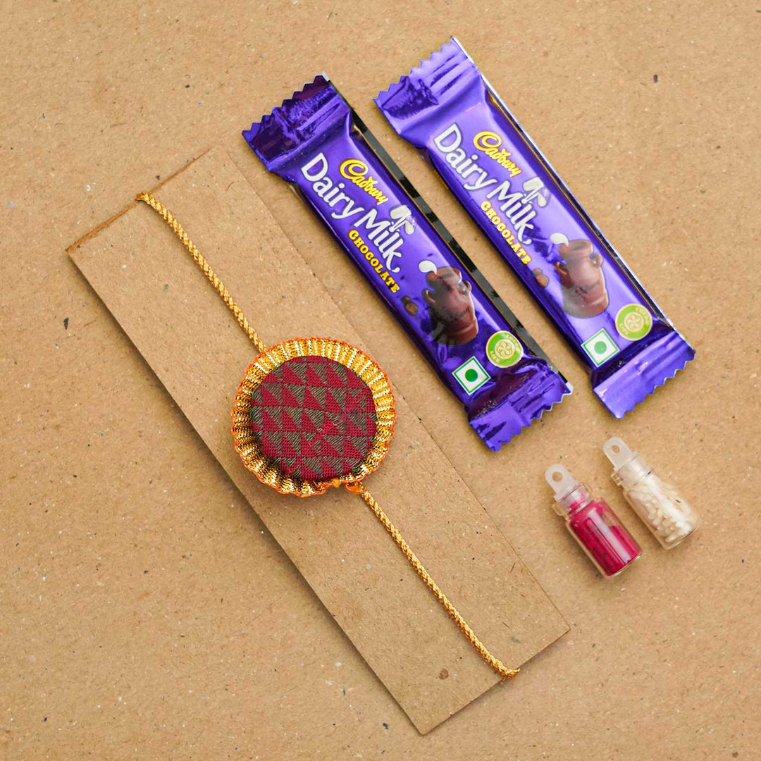 Handmade Round Khan Silk Rakhi With Chocolates & Roli Chawal