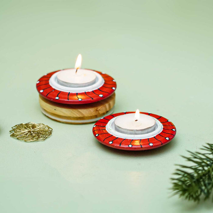 Handmade Round Red Terracotta Tealight Holders For Christmas Decoration | Set Of 2