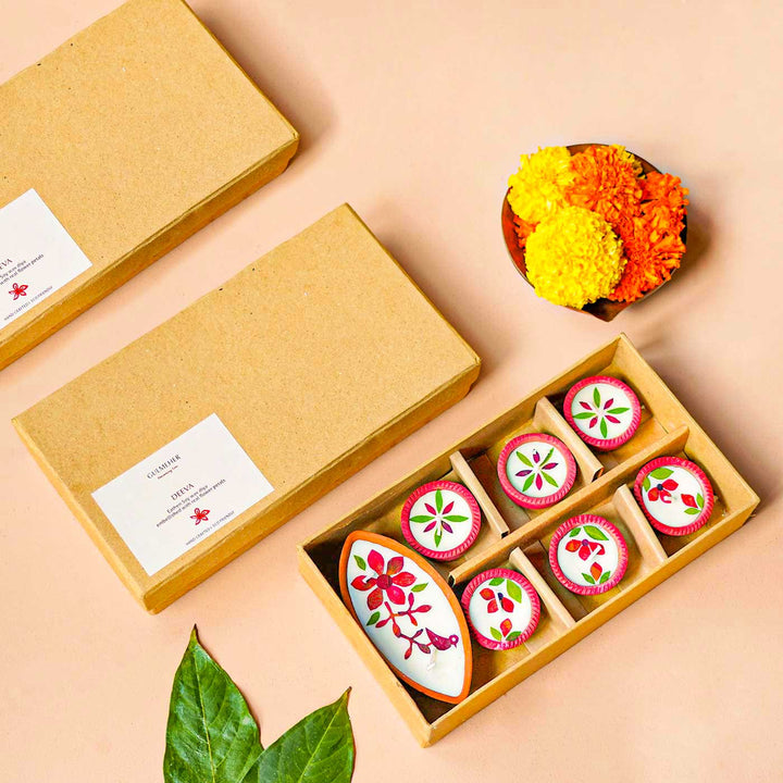 Set Of 14 | Handmade Soy Wax & Dry Flower Assorted Festive Diyas