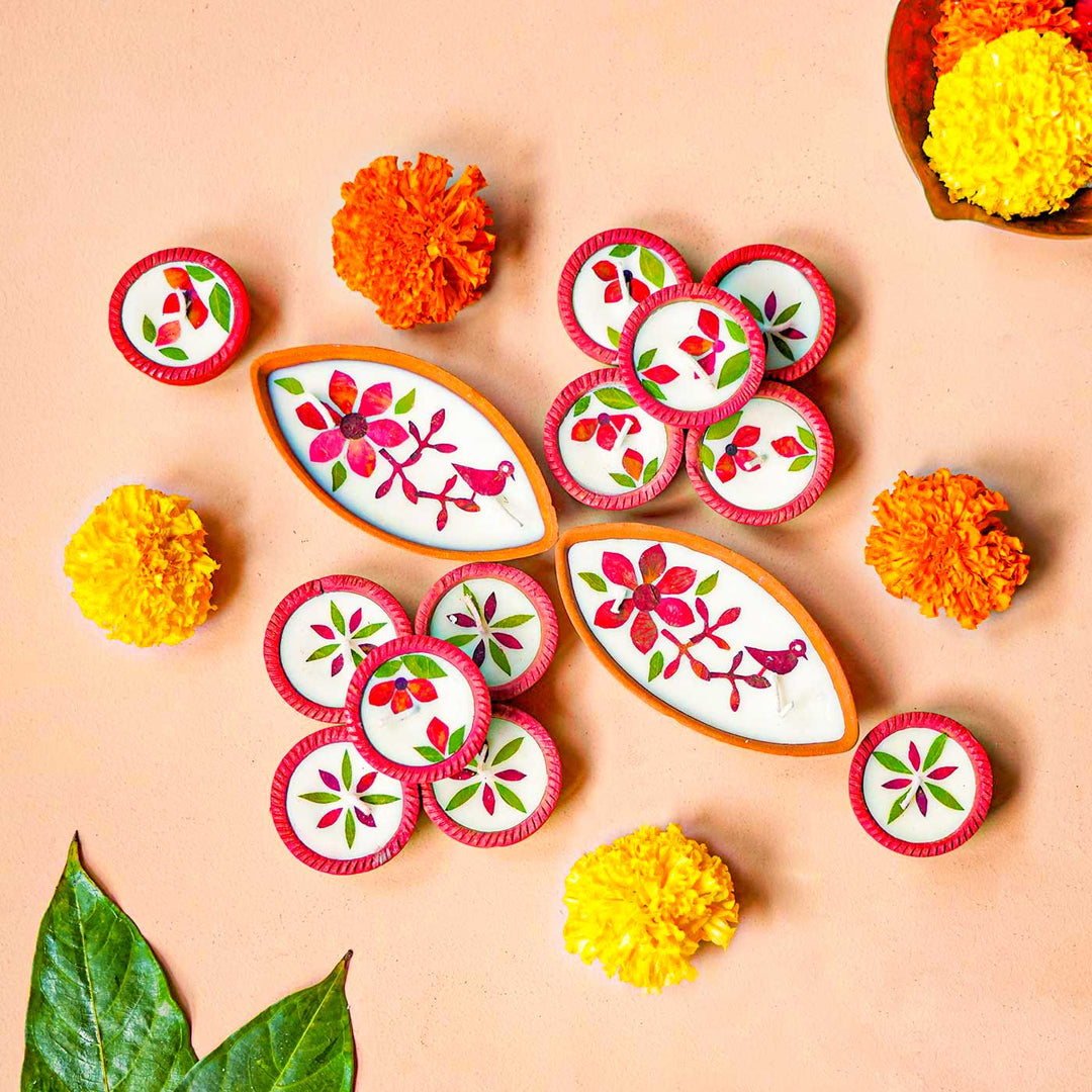 Set Of 14 | Handmade Soy Wax & Dry Flower Assorted Festive Diyas