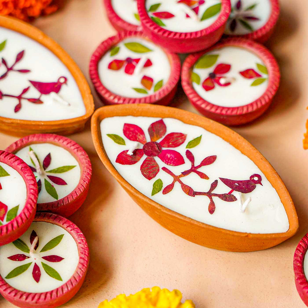 Set Of 14 | Handmade Soy Wax & Dry Flower Assorted Festive Diyas