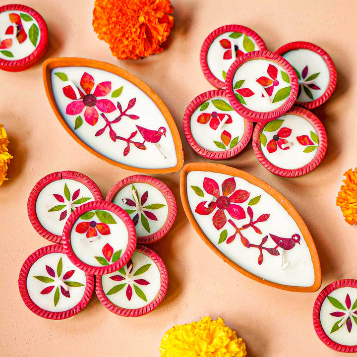 Set Of 14 | Handmade Soy Wax & Dry Flower Assorted Festive Diyas