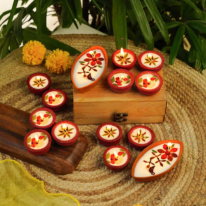 Set Of 14 | Handmade Soy Wax & Dry Flower Assorted Festive Diyas