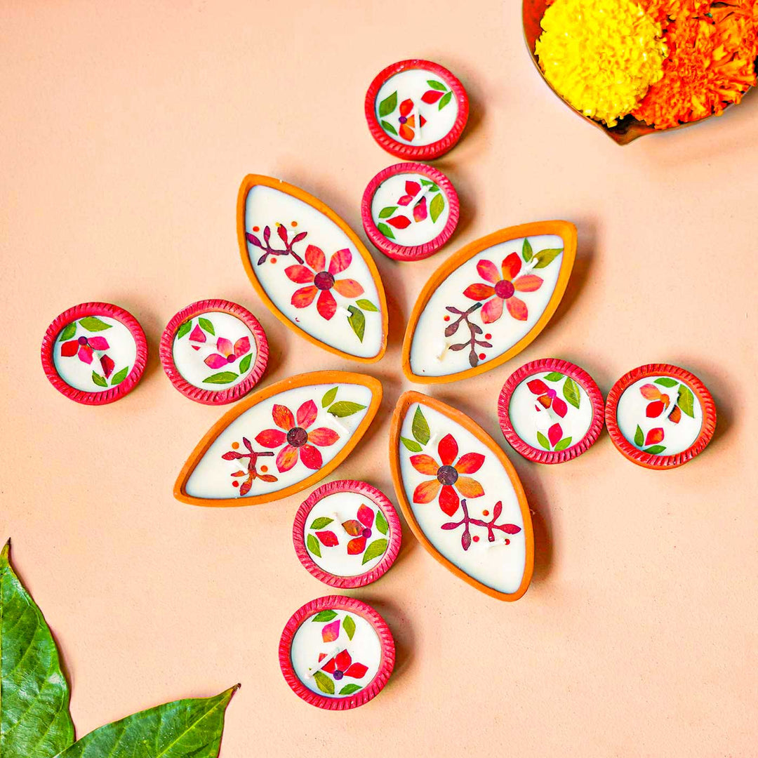 Set Of 12 | Handmade Soy Wax & Dry Flower Boat & Round Festive Diyas