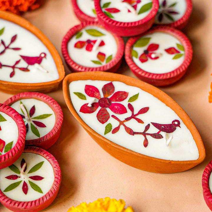 Set Of 12 | Handmade Soy Wax & Dry Flower Boat & Round Festive Diyas