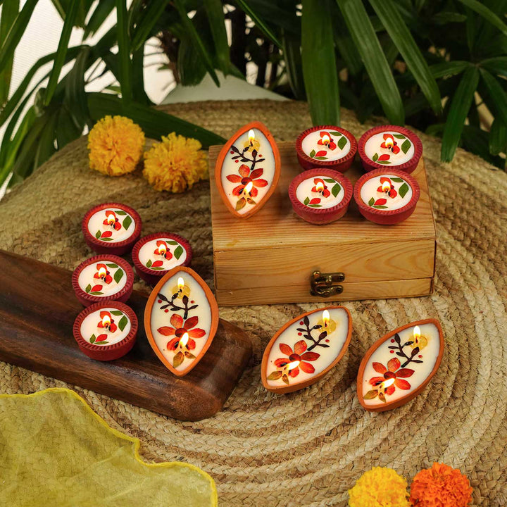 Set Of 12 | Handmade Soy Wax & Dry Flower Boat & Round Festive Diyas