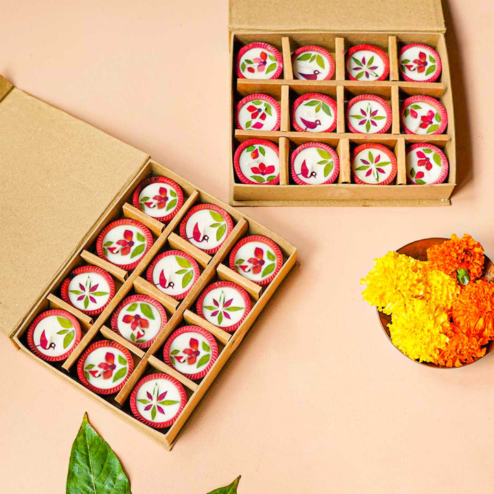 Set Of 24 | Handmade Soy Wax & Dry Flower Festive Diyas