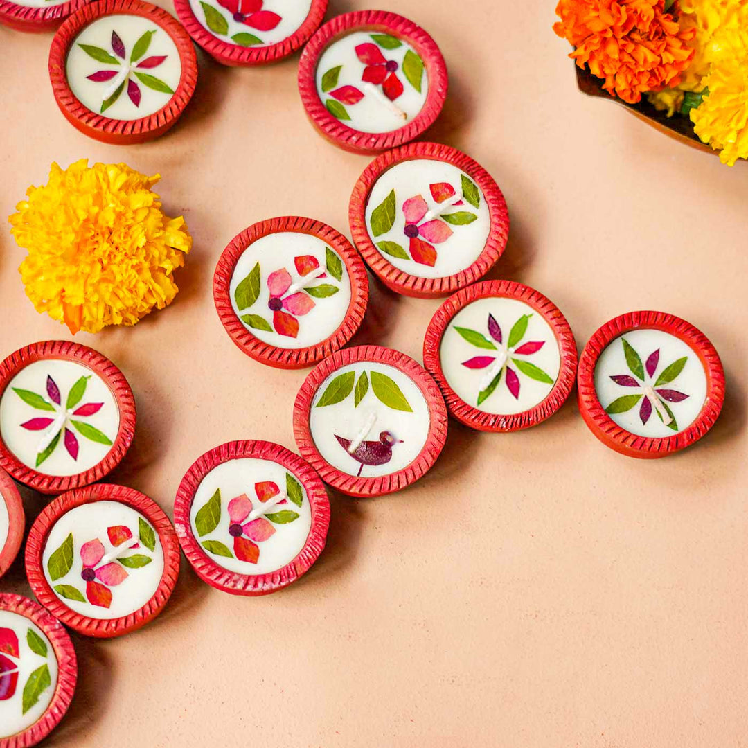 Set Of 24 | Handmade Soy Wax & Dry Flower Festive Diyas