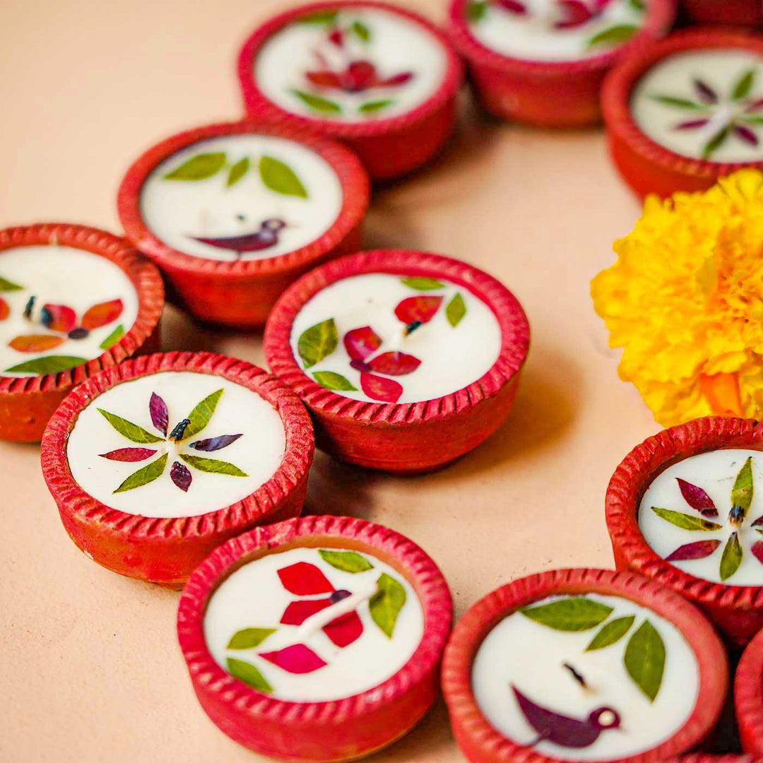 Set Of 24 | Handmade Soy Wax & Dry Flower Festive Diyas