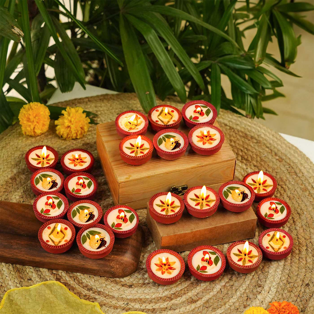 Set Of 24 | Handmade Soy Wax & Dry Flower Festive Diyas