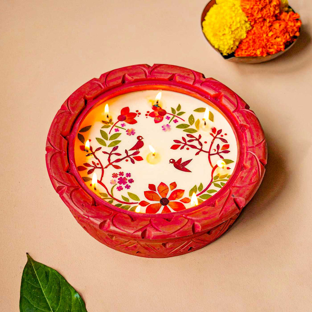 Handmade Soy Wax & Dry Flower Kund Diya Urli | 10 Inch