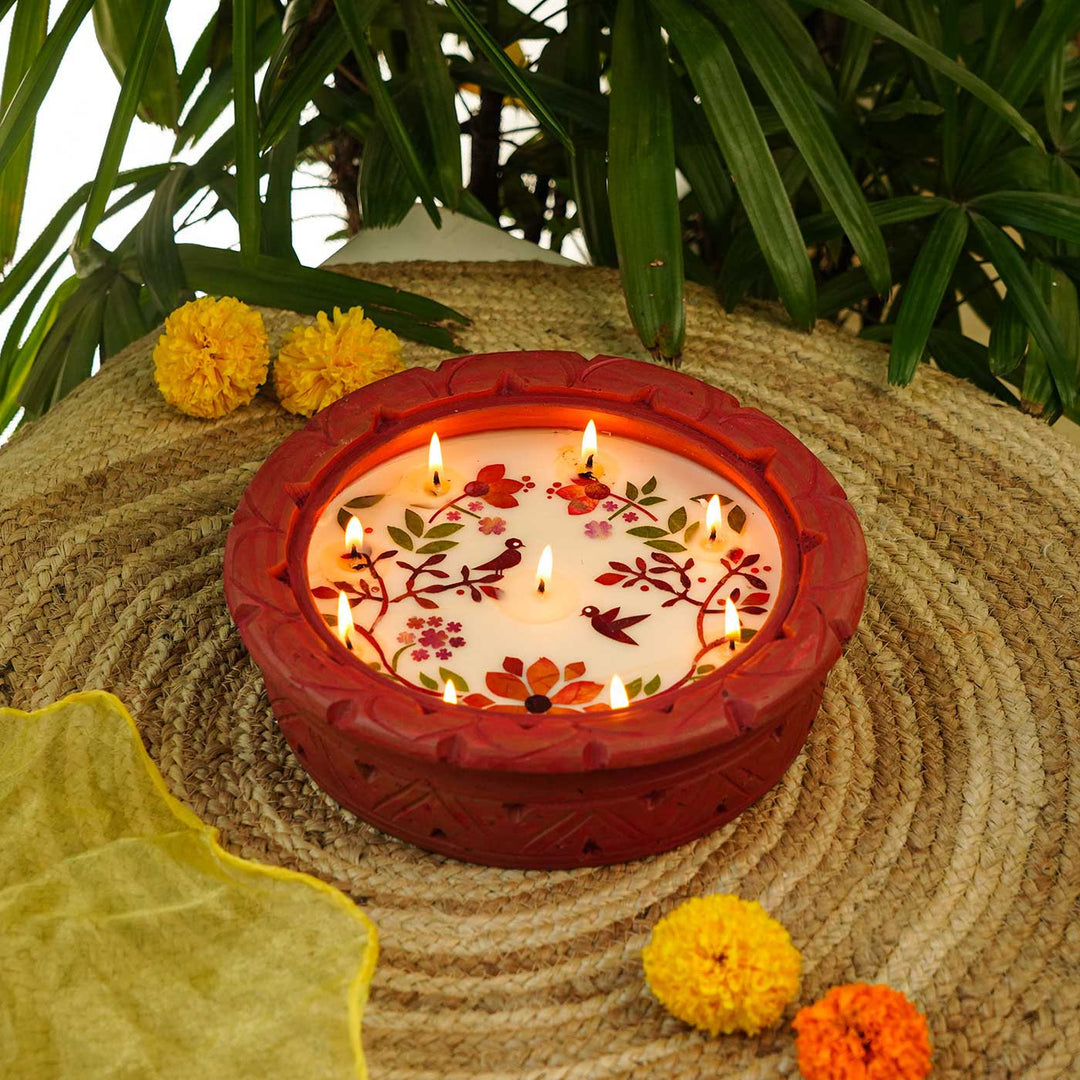 Handmade Soy Wax & Dry Flower Kund Diya Urli | 10 Inch