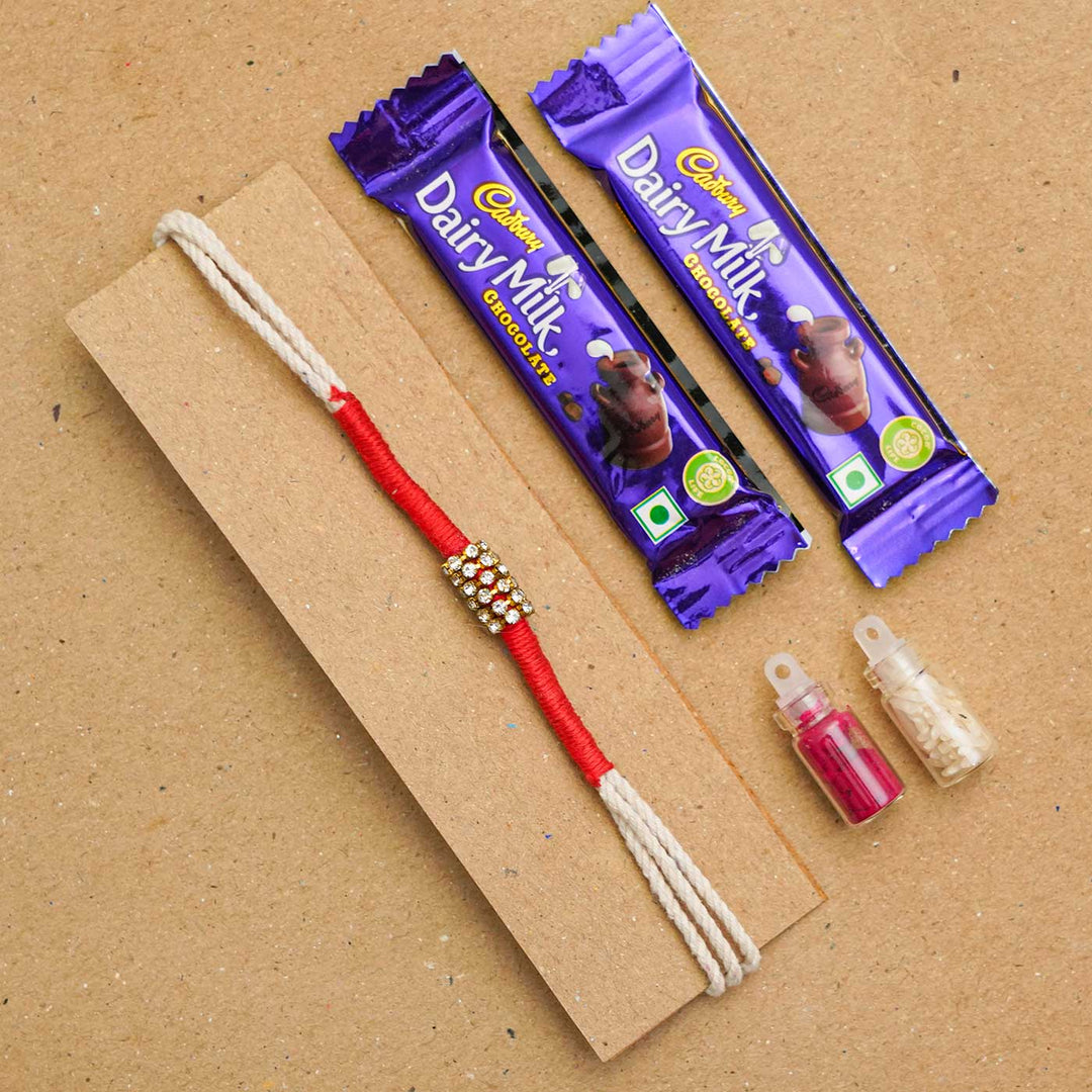 Handmade Stone Cotton Rakhi With Chocolates & Roli Chawal