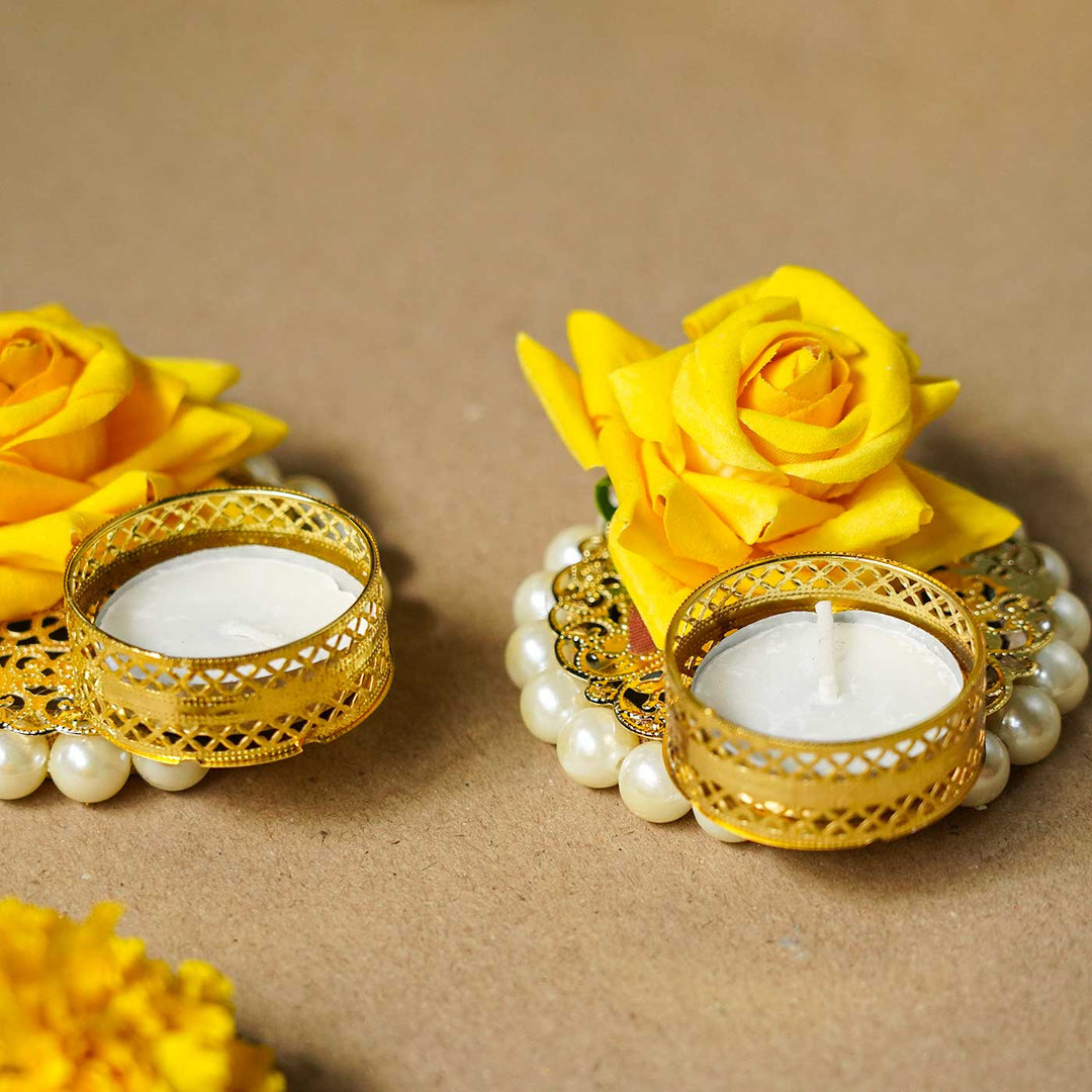 Handmade Stylish And Decorative Pearl Rose Tealight Holder | Set Of 2