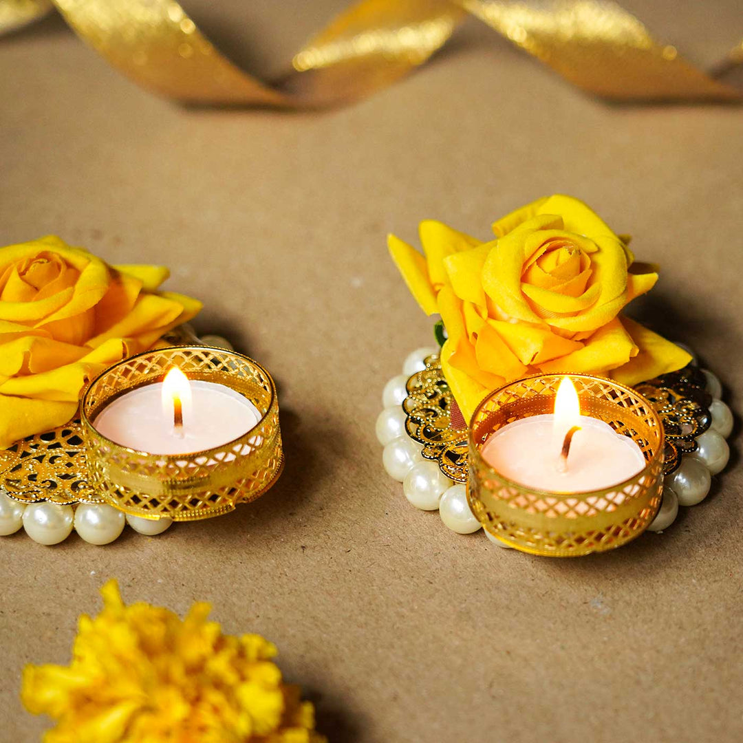 Handmade Stylish And Decorative Pearl Rose Tealight Holder | Set Of 2