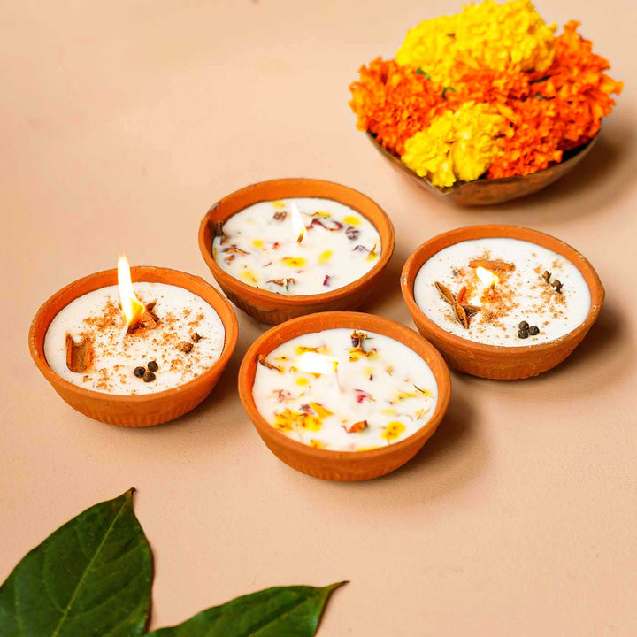 Handmade Festive Floral & Spiced Soy Wax Diya Gift Hamper | Set Of 4