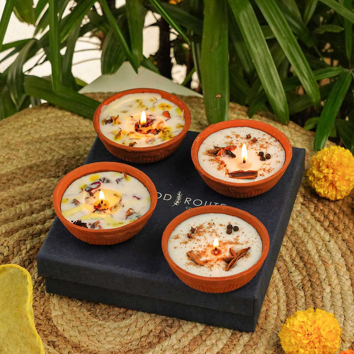 Handmade Festive Floral & Spiced Soy Wax Diya Gift Hamper | Set Of 4