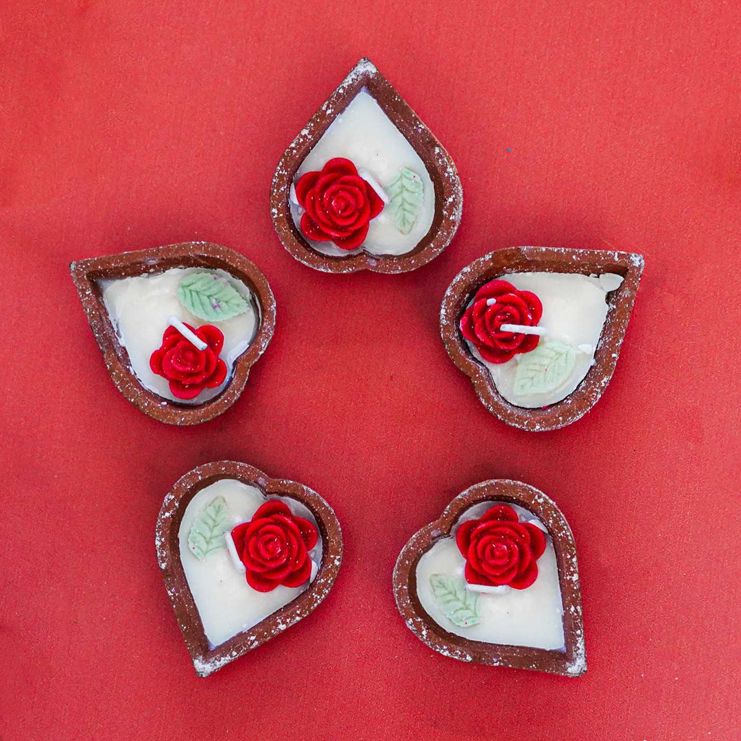 Handmade Terracotta Heart Diyas Wax Candles For Christmas Decoration | Set Of 5