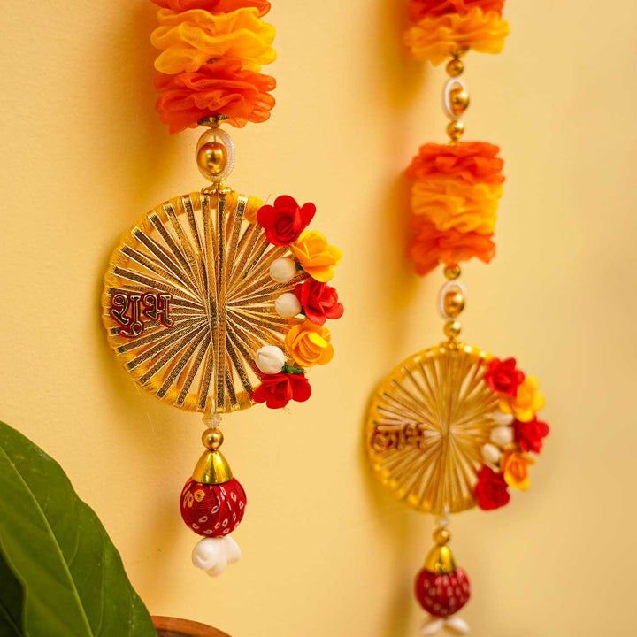 Handmade Tissue Flower And Gajra Shubh Labh Hanging With Decorative Bangles