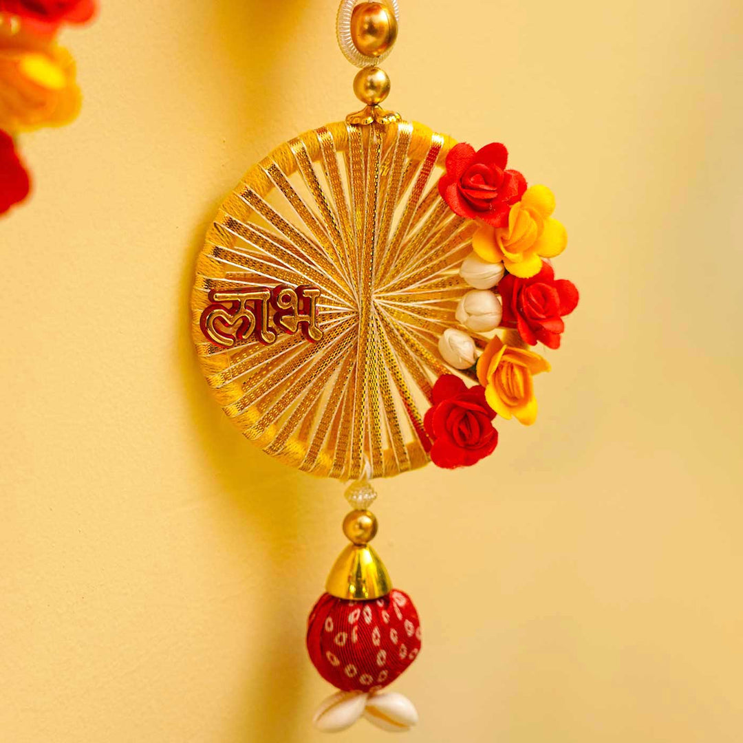 Handmade Tissue Flower And Gajra Shubh Labh Hanging With Decorative Bangles