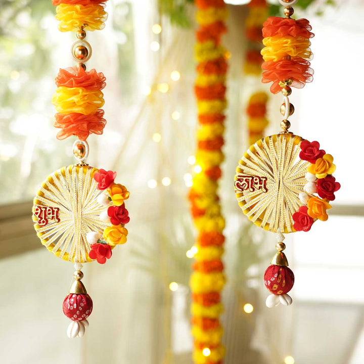 Handmade Tissue Flower And Gajra Shubh Labh Hanging With Decorative Bangles