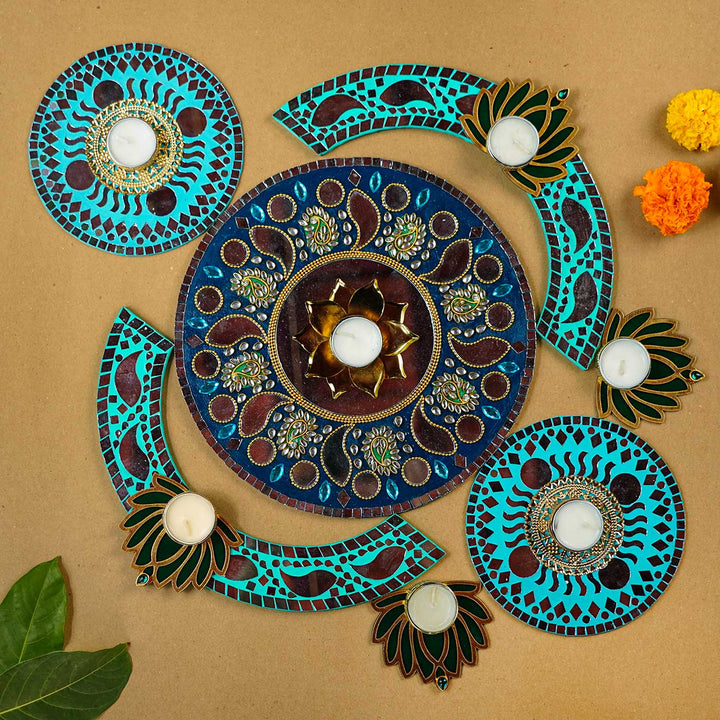 Handmade Torquise Mosaic Rangoli Decor Set | Set Of 10