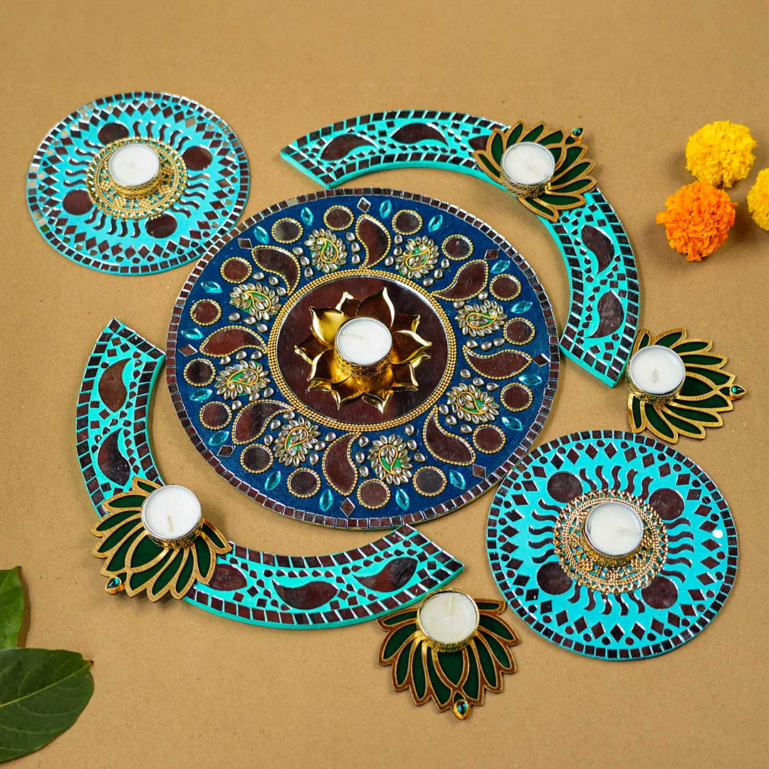 Handmade Torquise Mosaic Rangoli Decor Set | Set Of 10