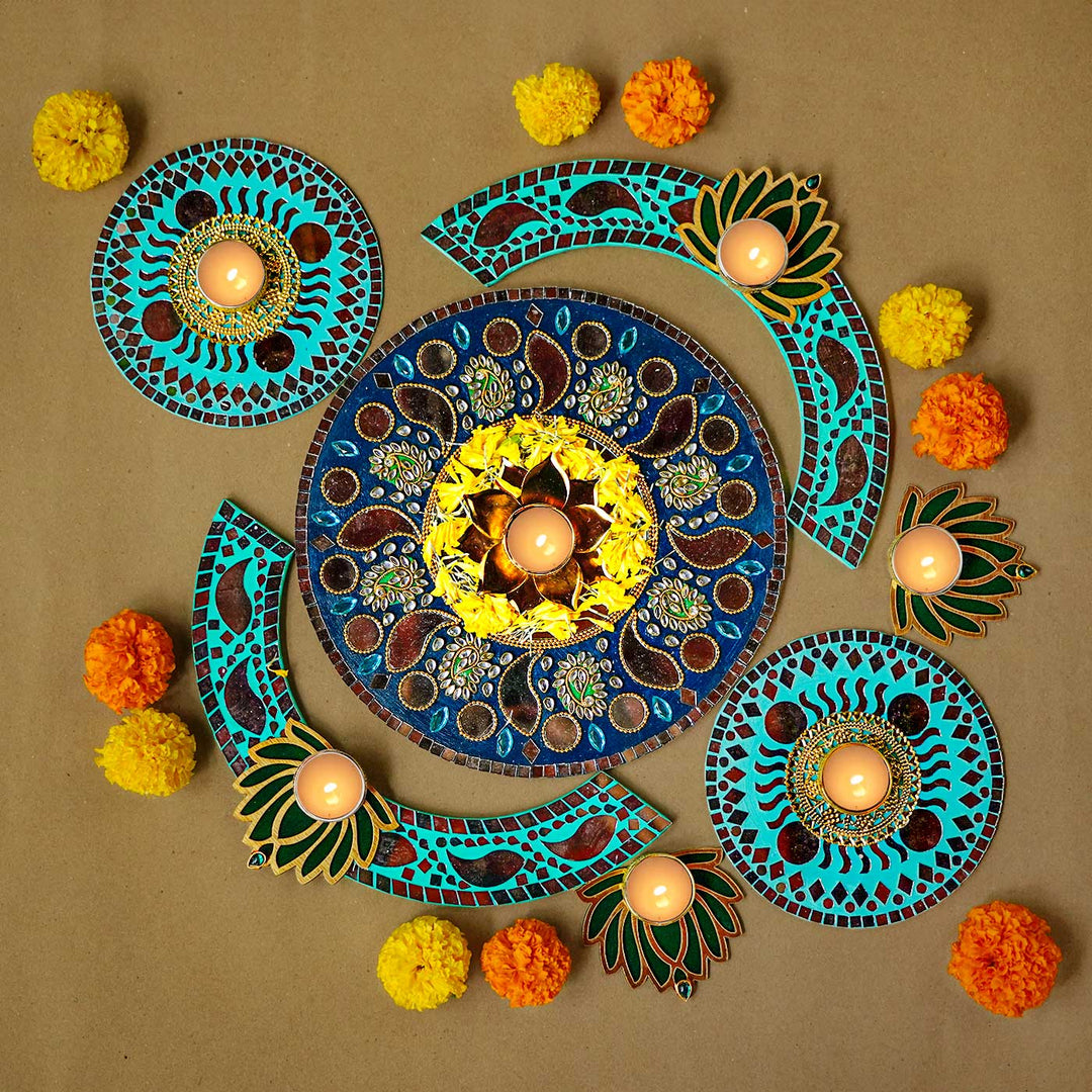 Handmade Torquise Mosaic Rangoli Decor Set | Set Of 10