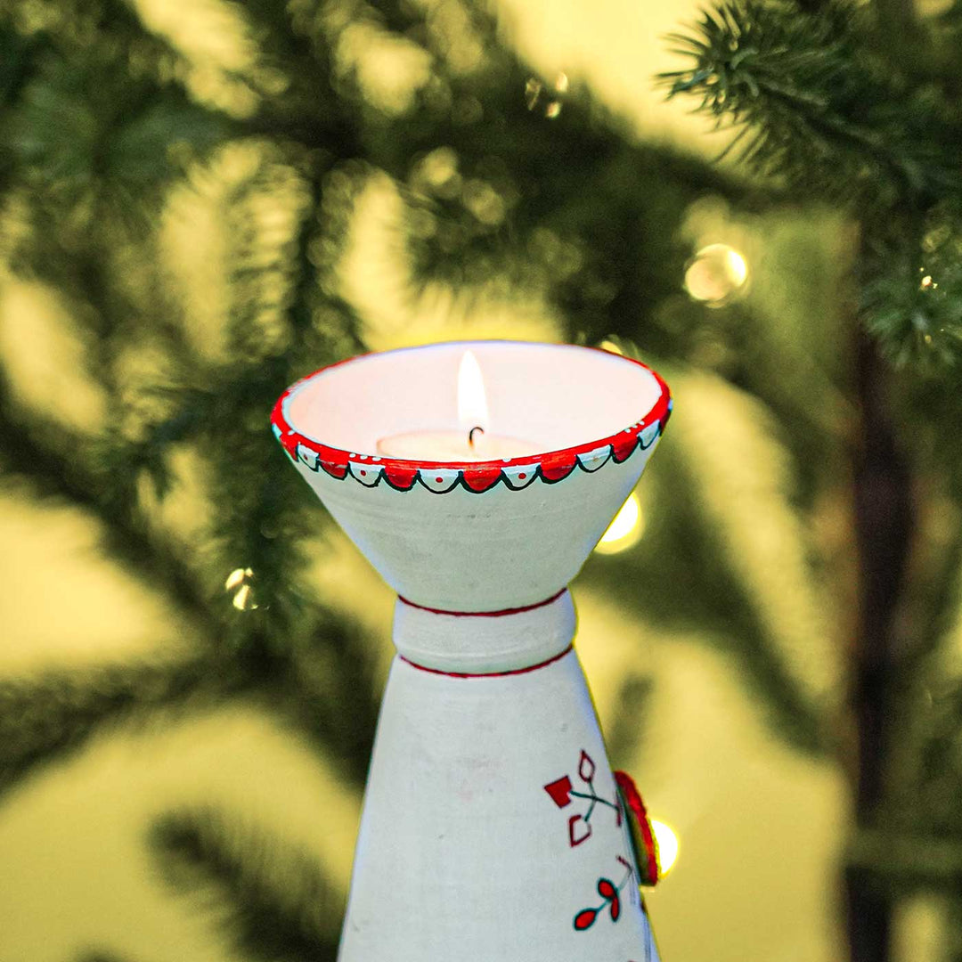 Handmade White Long Terracotta Tealight Holders For Christmas Decoration