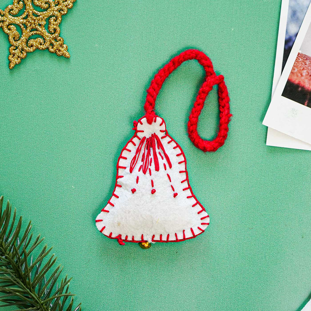 Handmade White Felt Ornament With Bell For Christmas Tree Decoration | Set Of 2