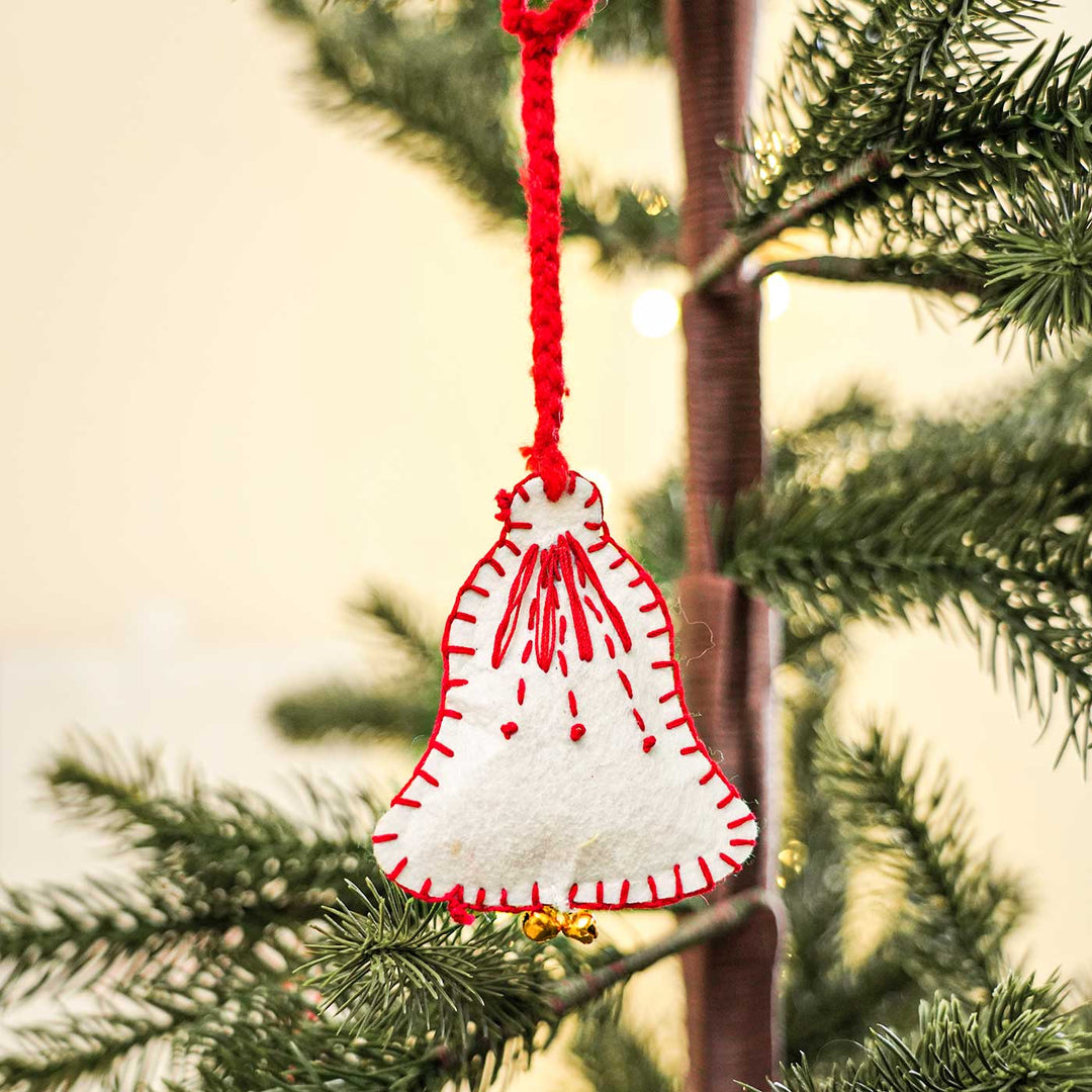 Handmade White Felt Ornament With Bell For Christmas Tree Decoration | Set Of 2