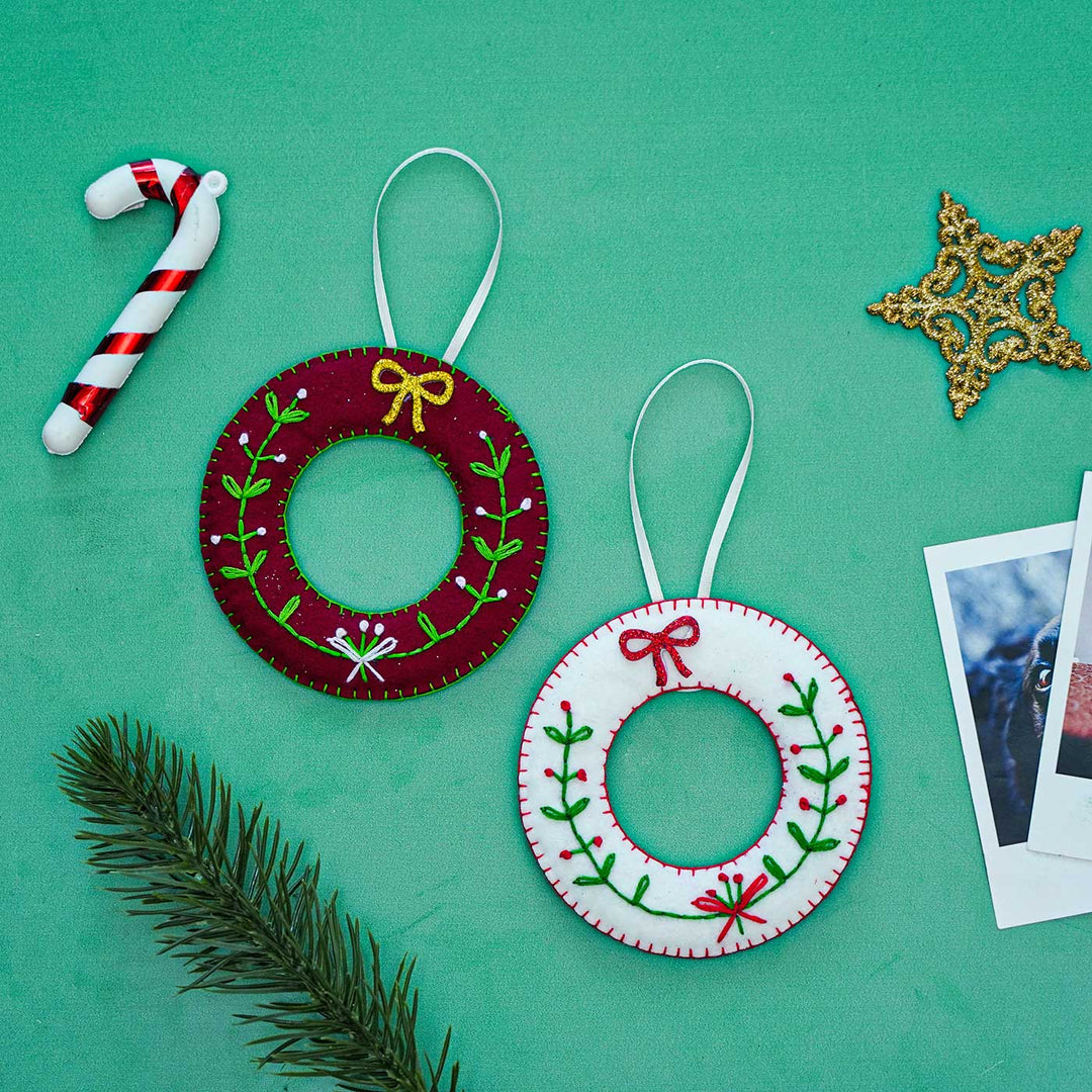 Handmade Wreath Embroidered Felt Ornament For Christmas Tree Decoration | Set Of 2