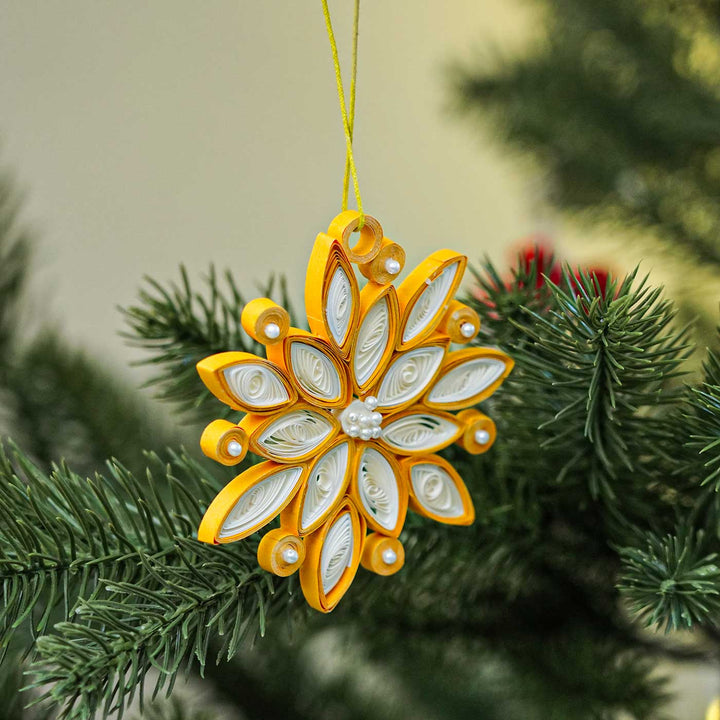 Handmade Yellow Mini Snowflake Paper Quilling Ornament For Christmas Tree Decoration