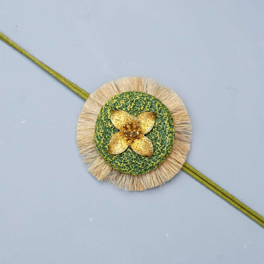 Handmade Papier Mache Floral Green Rakhi With Roli Chawal