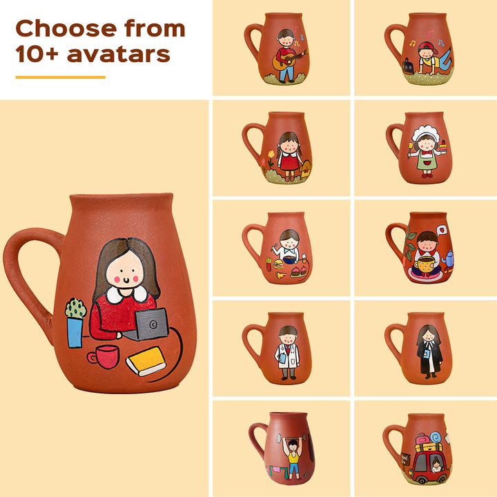 Handpainted Terracotta Mug With Travellers Avatar Illustrations