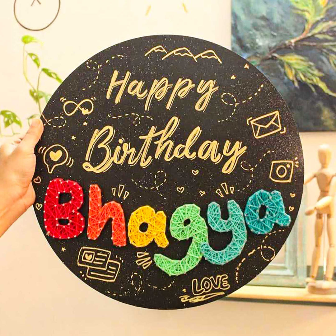 Personalized String Art "Happy Birthday" Round MDF Wood Name Plate