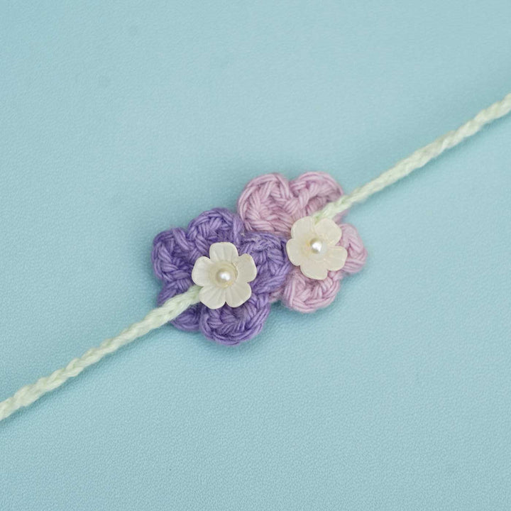 Handmade Crochet Forever Flowers Kids Lumba Rakhi With Roli Chawal