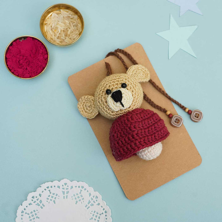 Handmade Crochet Teddy Hug Kids Lumba Rakhi With Roli Chawal