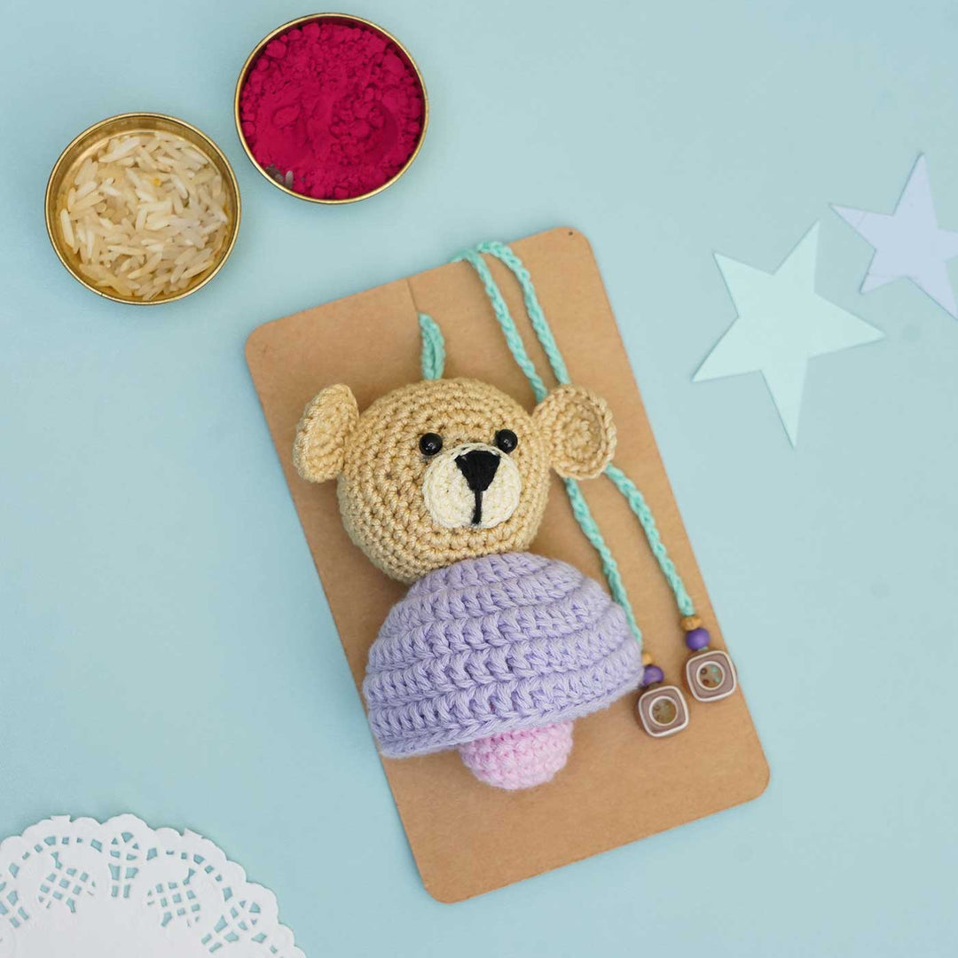 Handmade Crochet Teddy Hug Kids Lumba Rakhi With Roli Chawal