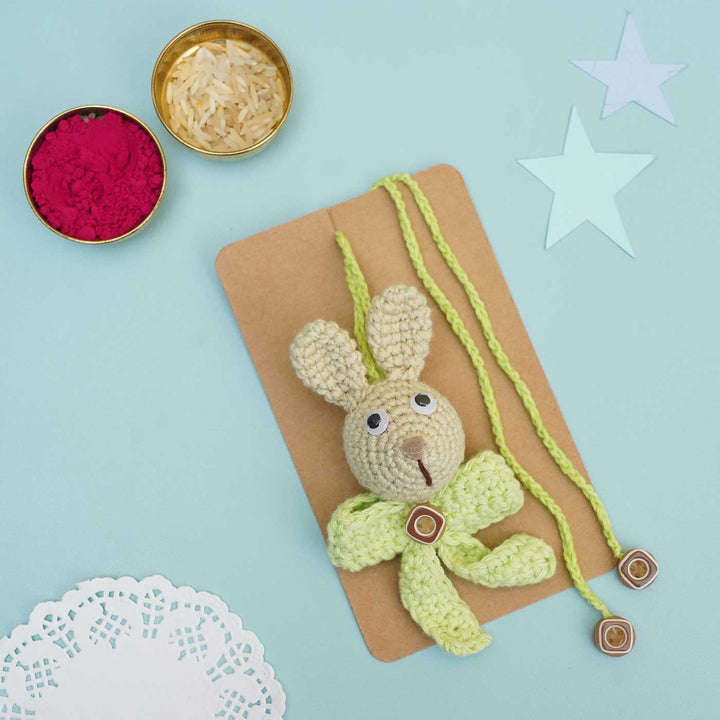 Handmade Crochet Hunny Bunny Kids Lumba Rakhi With Roli Chawal