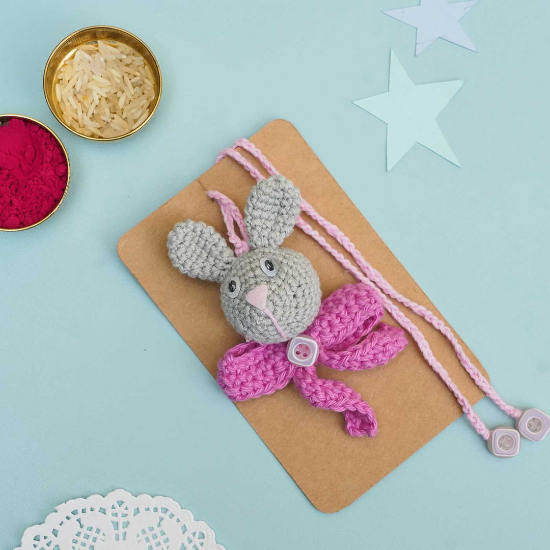 Handmade Crochet Hunny Bunny Kids Lumba Rakhi With Roli Chawal