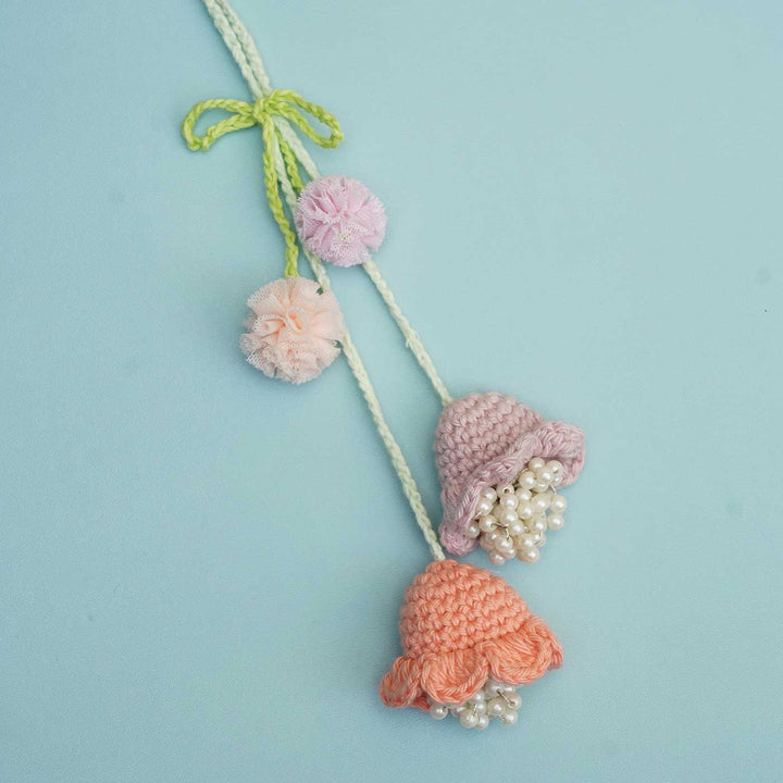 Handmade Crochet Forever Flowers Kids Lumba Rakhi With Roli Chawal