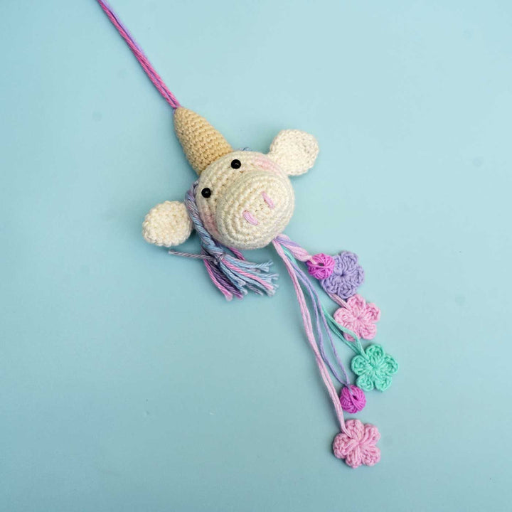 Handmade Crochet Unicorn Kids Lumba Rakhi For Girls With Roli Chawal