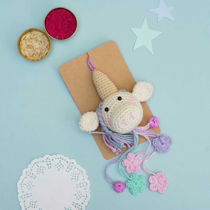 Handmade Crochet Unicorn Love Photo Frame & Lumba Rakhi With Roli Chawal