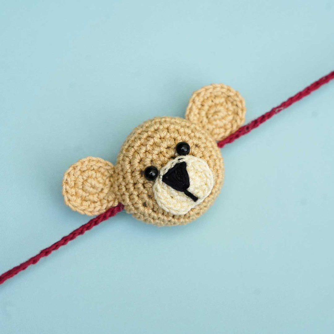 Handmade Crochet Teddy Hug Kids Lumba Rakhi With Roli Chawal