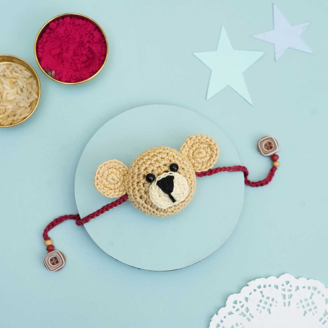 Handmade Crochet Teddy Hug Kids Lumba Rakhi With Roli Chawal