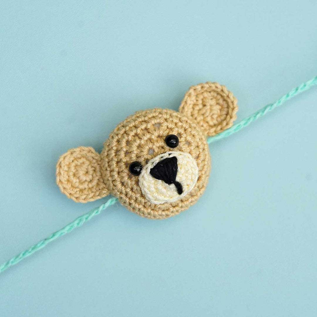 Handmade Crochet Teddy Hug Kids Lumba Rakhi With Roli Chawal