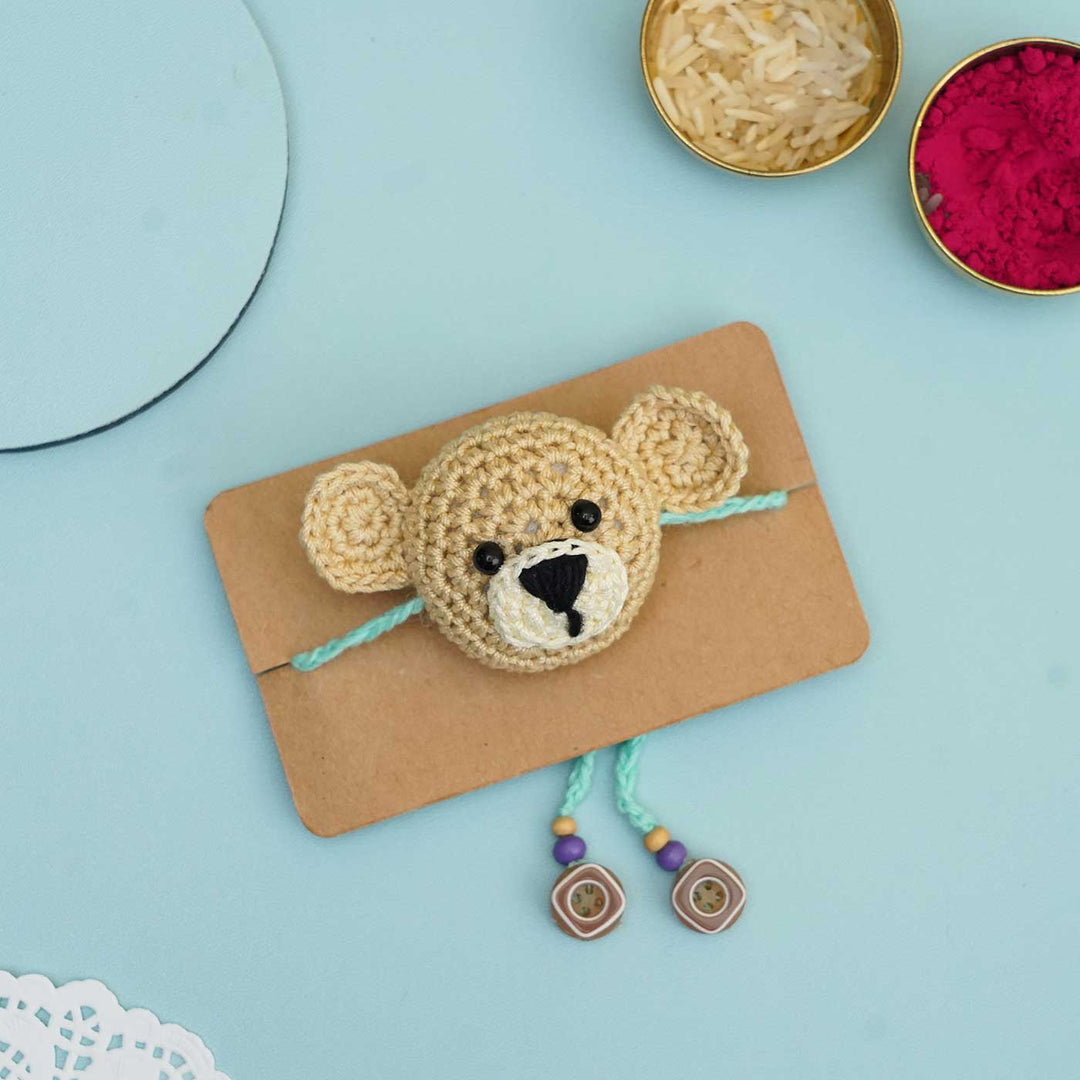 Handmade Crochet Teddy Hug Kids Lumba Rakhi With Roli Chawal