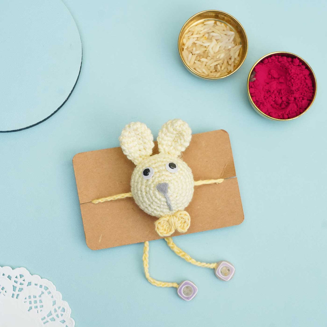 Handmade Crochet Hunny Bunny Kids Lumba Rakhi With Roli Chawal