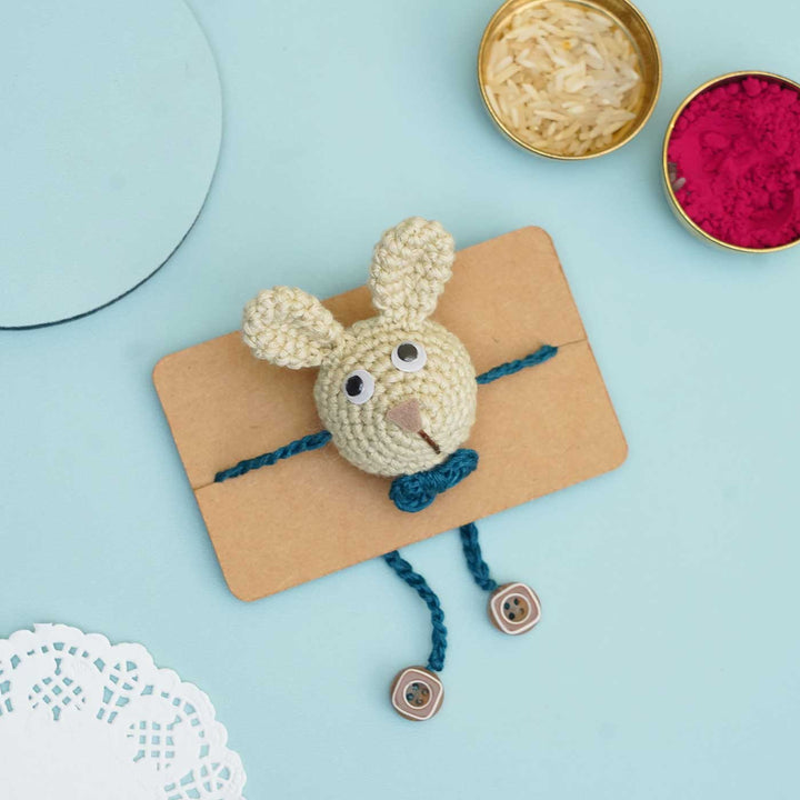 Handmade Crochet Hunny Bunny Kids Lumba Rakhi With Roli Chawal